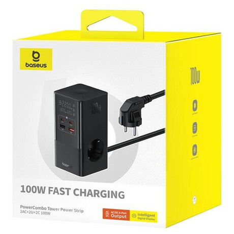 Baseus PowerCombo Tower 100W 2xzásuvka, 2xUSB, 2xUSB-C černá (foto 6)