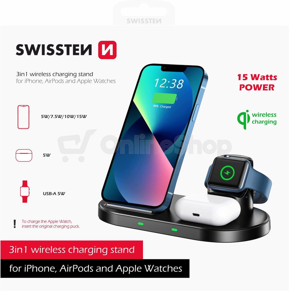 SWISSTEN BEZDRÁTOVÁ NABÍJEČKA 3v1 STATION PRO APPLE A SAMSUNG ČERNÁ