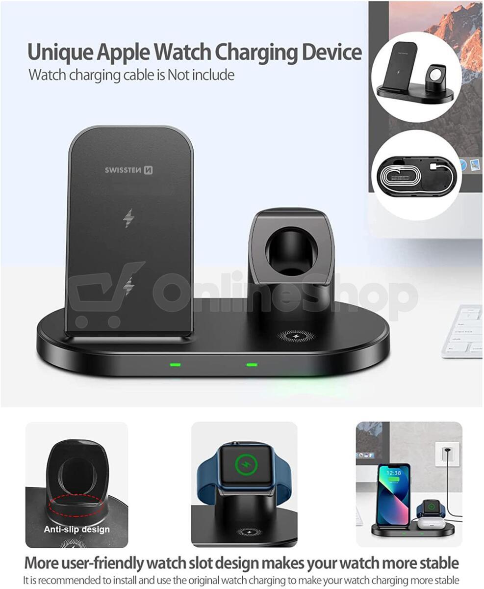 SWISSTEN BEZDRÁTOVÁ NABÍJEČKA 3v1 STATION PRO APPLE A SAMSUNG ČERNÁ