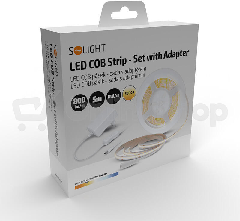 Solight LED COB pásek, sada s adaptérem, vypínač, 5m, 8W/m, 800lm/m, teplá bílá