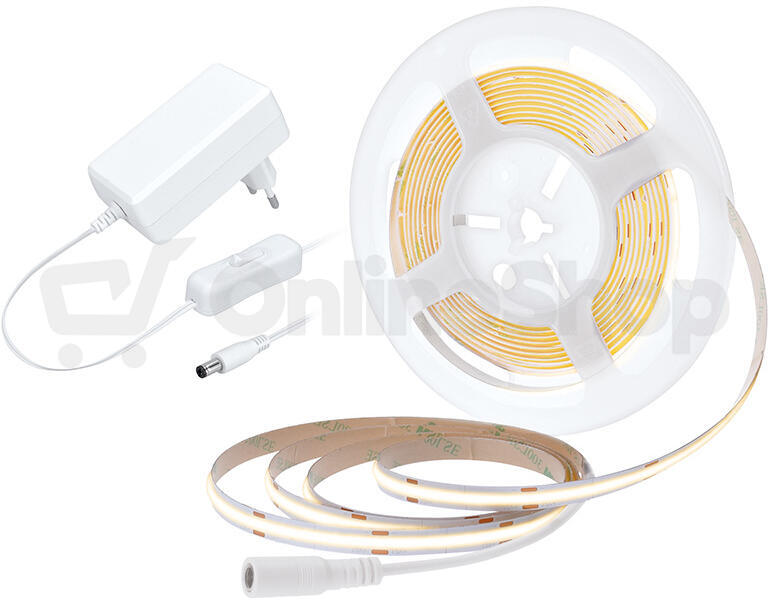 Solight LED COB pásek, sada s adaptérem, vypínač, 5m, 8W/m, 800lm/m, teplá bílá