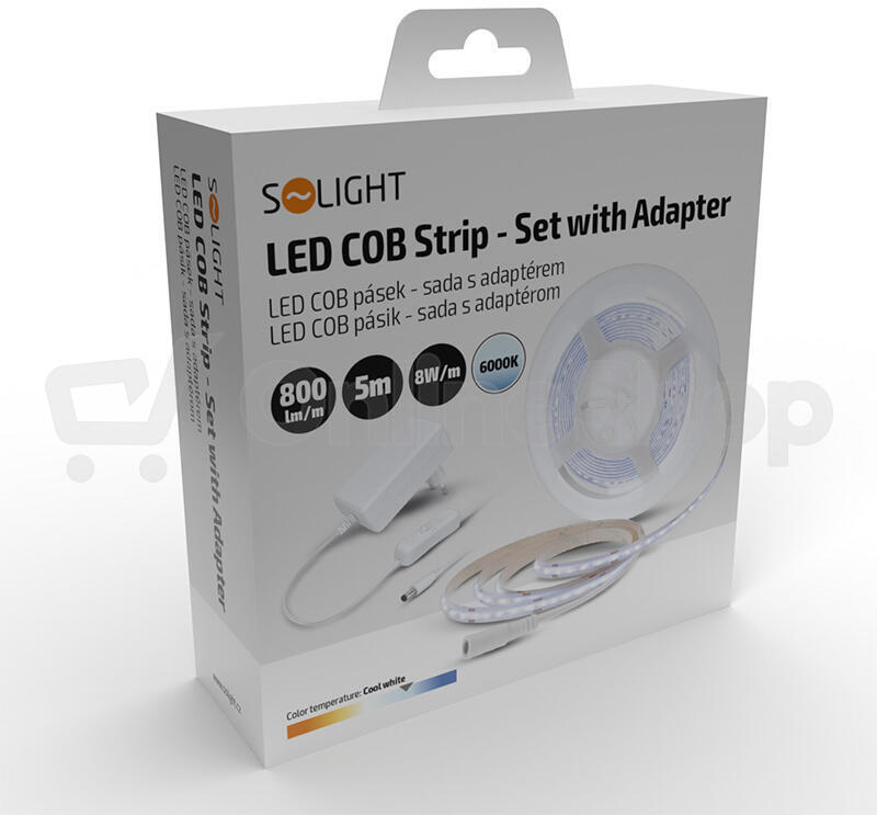 Solight LED COB pásek, sada s adaptérem, vypínač, 5m, 8W/m, 800lm/m, studená bílá