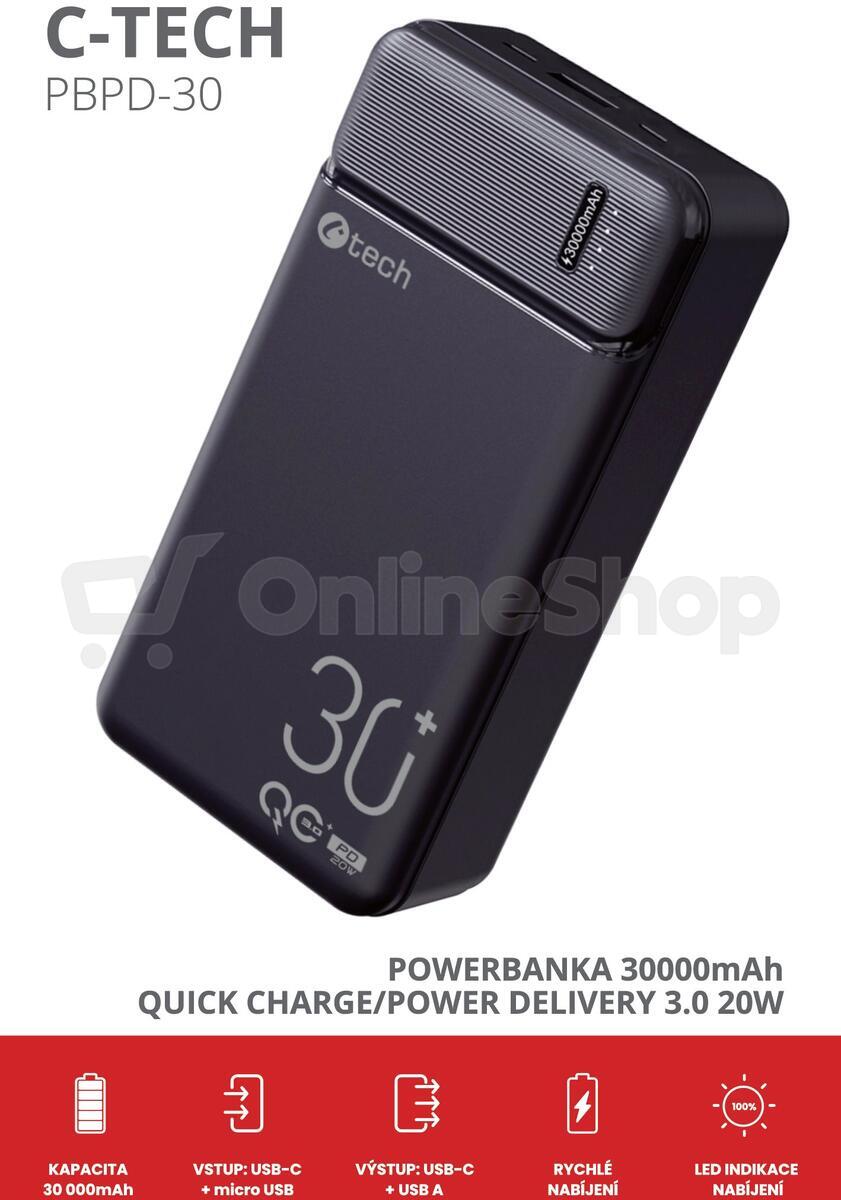Powerbanka C-Tech 30000mAh, Li-Pol, 20W, USB-C/USB-A/micro USB (PBPD-30)