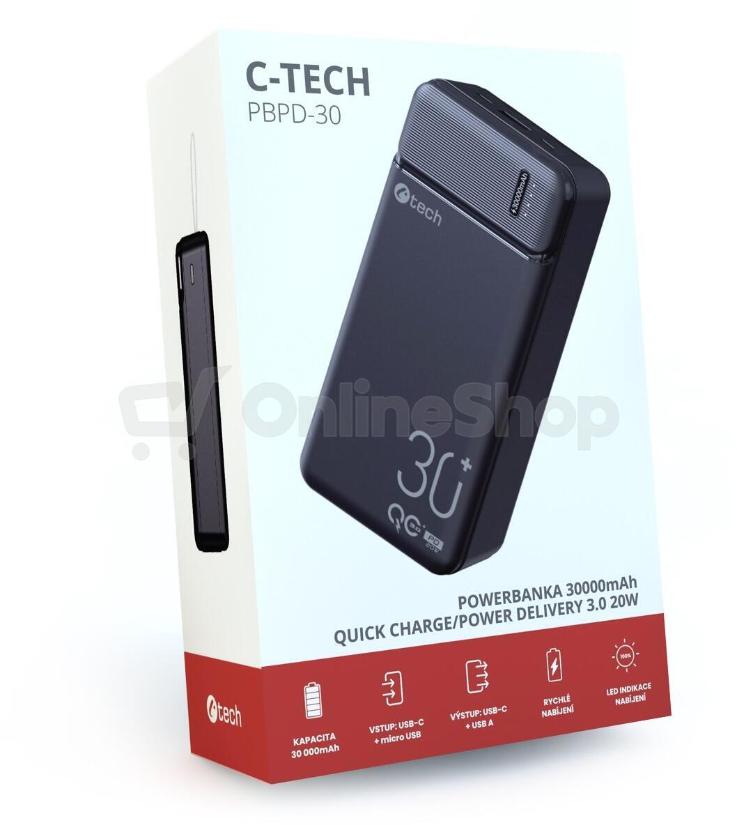 Powerbanka C-Tech 30000mAh, Li-Pol, 20W, USB-C/USB-A/micro USB (PBPD-30)