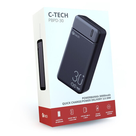 C-Tech 30000mAh, Li-Pol, 20W, USB-C/USB-A/micro USB (foto 6)
