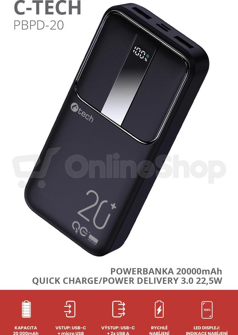 Powerbanka C-Tech 20000mAh, Li-Pol, 22,5W, USB-C/USB-A/micro USB (PBPD-20)