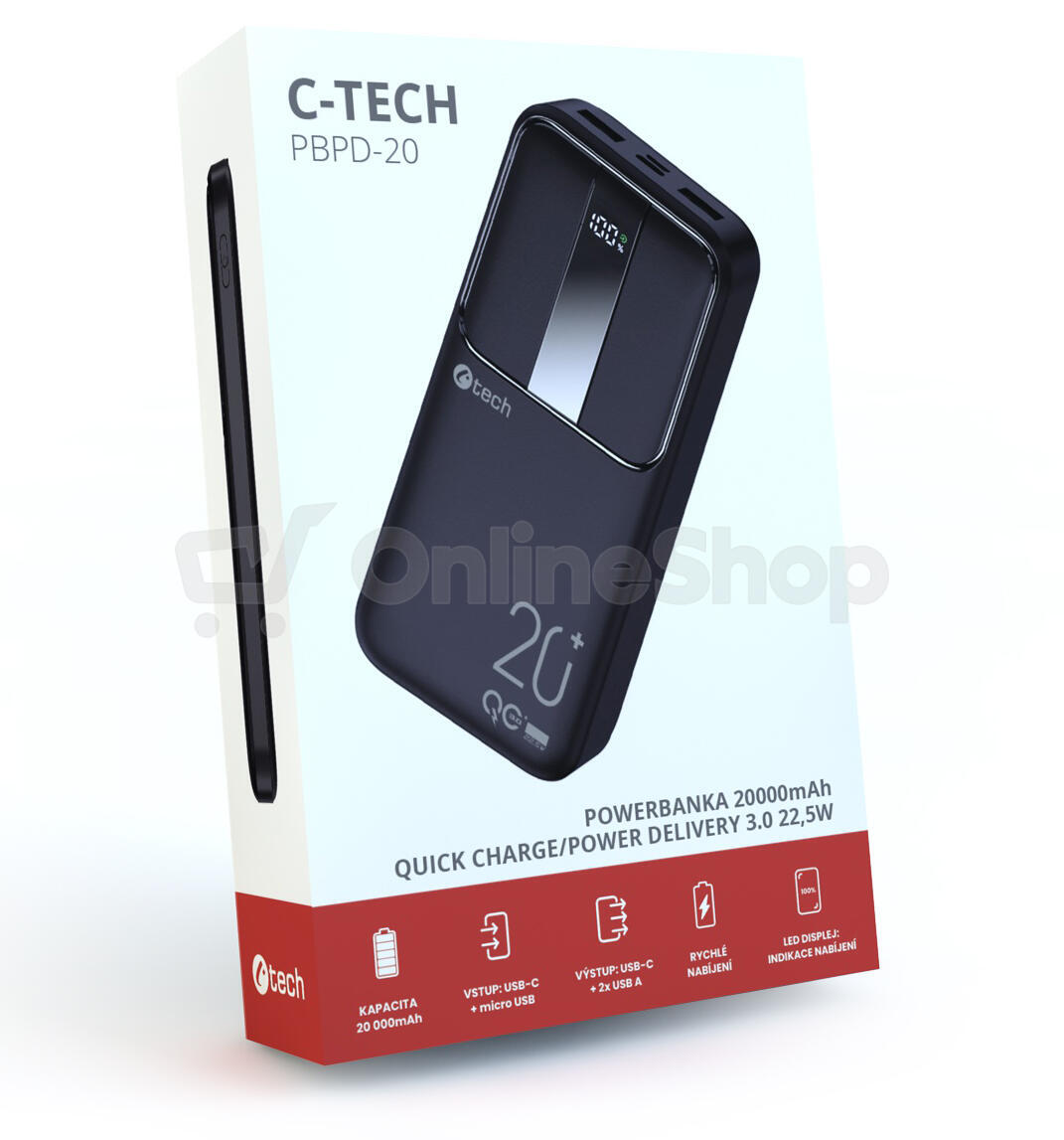 Powerbanka C-Tech 20000mAh, Li-Pol, 22,5W, USB-C/USB-A/micro USB (PBPD-20)