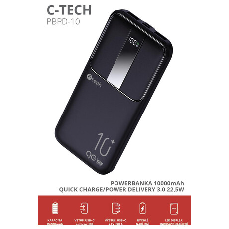 C-Tech powerbanka C-tech 10000mAh, Li-Pol, 22,5W, USB-C/USB-A/micro USB (foto 4)