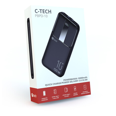 C-Tech powerbanka C-tech 10000mAh, Li-Pol, 22,5W, USB-C/USB-A/micro USB (foto 5)