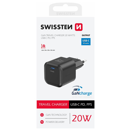 Sov adaptr SWISSTEN GaN 1x USB-C 20W POWER DELIVERY, ern