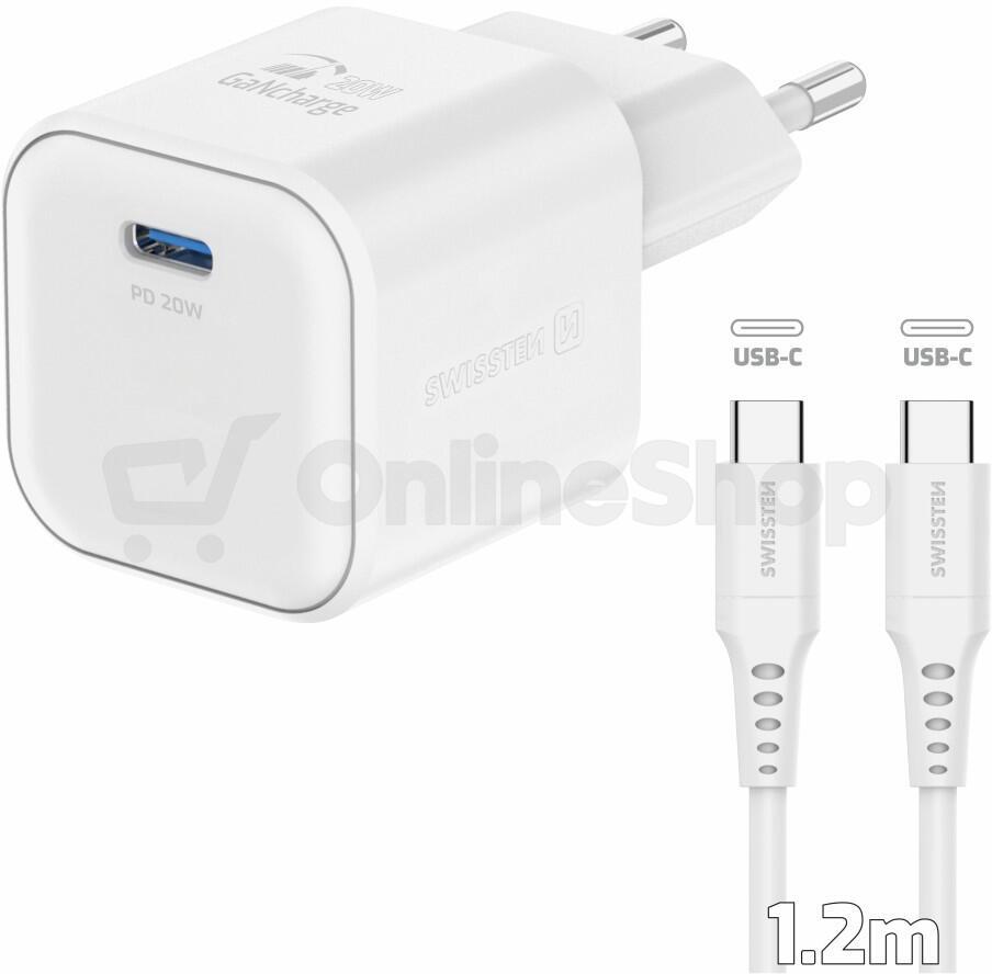 Síťový adaptér Swissten GaN 1x USB-C 20W PD + Datový kabel USB-C/USB-C 1.2m, bílý