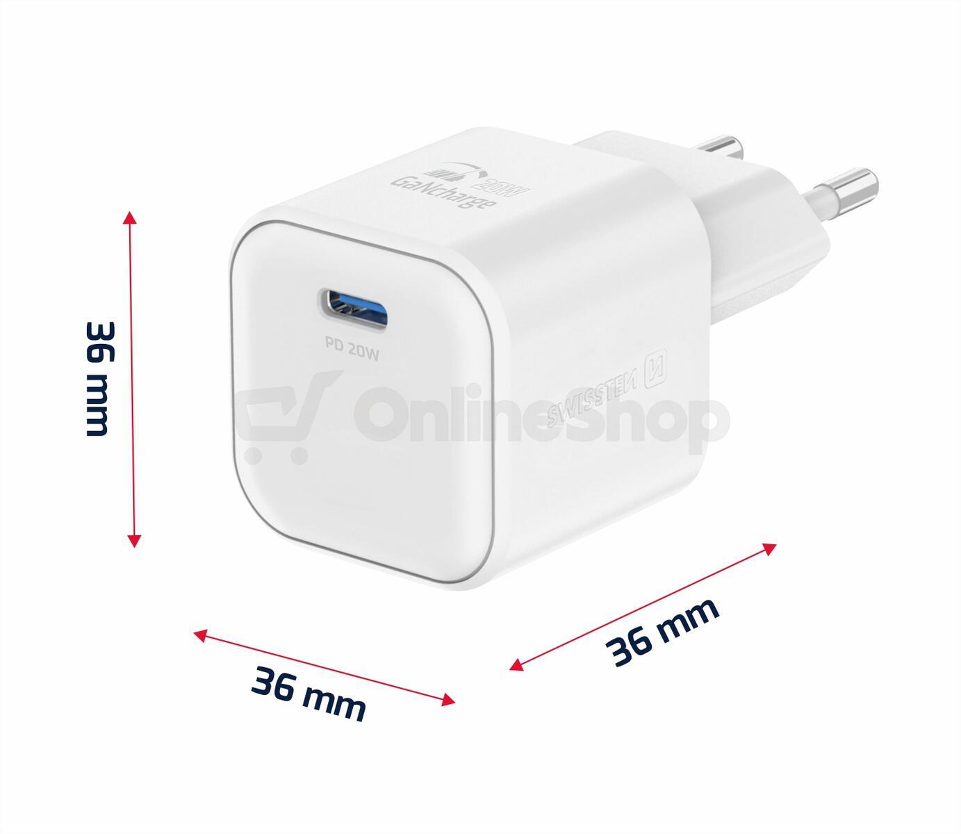 Síťový adaptér Swissten GaN 1x USB-C 20W PD + Datový kabel USB-C/USB-C 1.2m, bílý