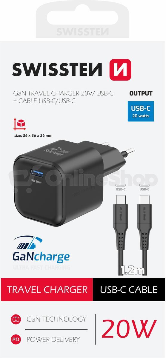 SWISSTEN SÍŤOVÝ ADAPTÉR GaN 1x USB-C 20W POWER DELIVERY ČERNÝ + DATOVÝ KABEL USB-C/USB-C 1,2 M ČERNÝ