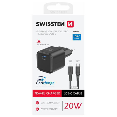 SWISSTEN S͍OV ADAPTR GaN 1x USB-C 20W POWER DELIVERY ERN + DATOV KABEL USB-C/USB-C 1,2 M ERN