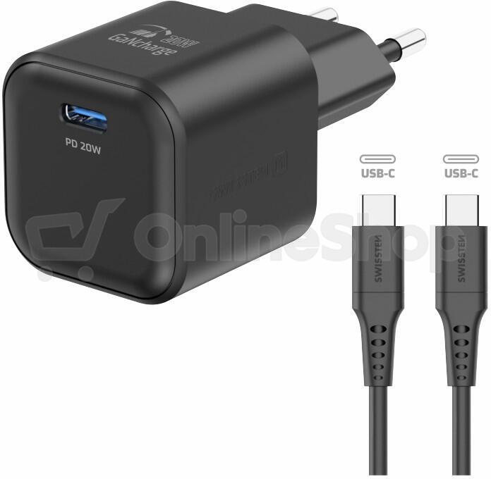 SWISSTEN SÍŤOVÝ ADAPTÉR GaN 1x USB-C 20W POWER DELIVERY ČERNÝ + DATOVÝ KABEL USB-C/USB-C 1,2 M ČERNÝ