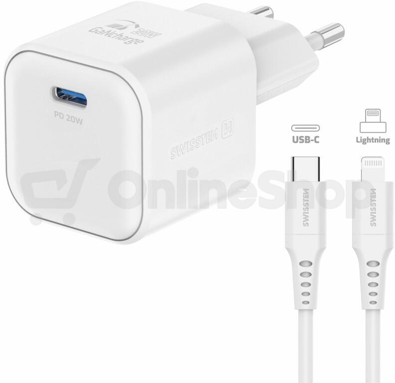 Síťový adaptér SWISSTEN 1x USB-C 20W PD + Datový kabel USB-C/LIGHTNING 1.2m, bílý