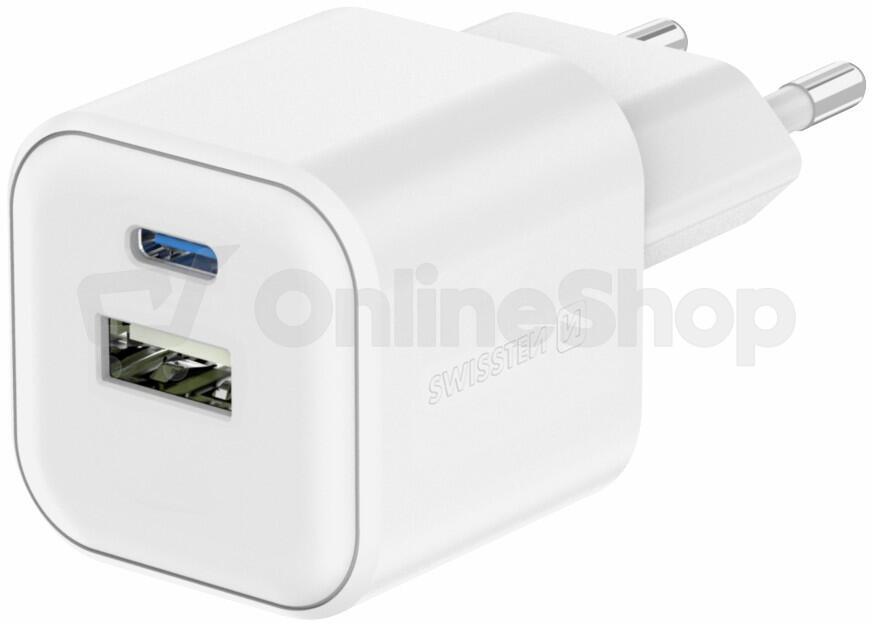SWISSTEN SÍŤOVÝ ADAPTÉR GaN 1x USB-C 20W PD A 1x USB-A 18W QC BÍLÝ