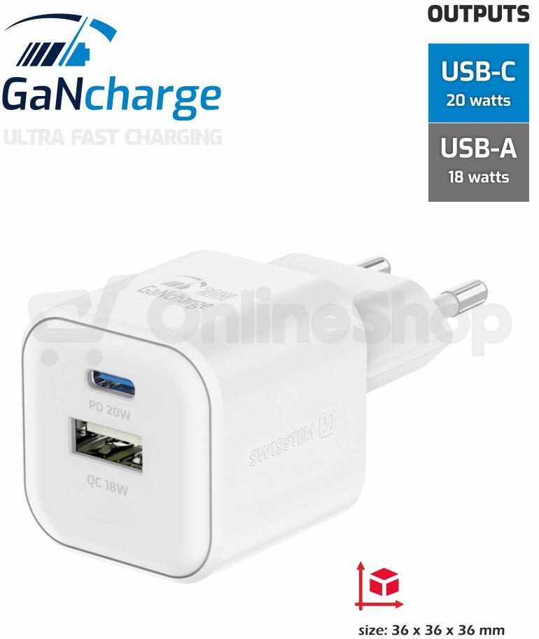 SWISSTEN SÍŤOVÝ ADAPTÉR GaN 1x USB-C 20W PD A 1x USB-A 18W QC BÍLÝ
