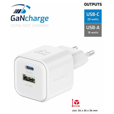 SWISSTEN S͍OV ADAPTR GaN 1x USB-C 20W PD A 1x USB-A 18W QC BL