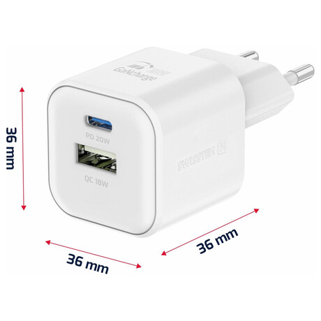 SWISSTEN S͍OV ADAPTR GaN 1x USB-C 20W PD A 1x USB-A 18W QC BL