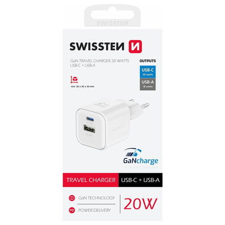 SWISSTEN S͍OV ADAPTR GaN 1x USB-C 20W PD A 1x USB-A 18W QC BL