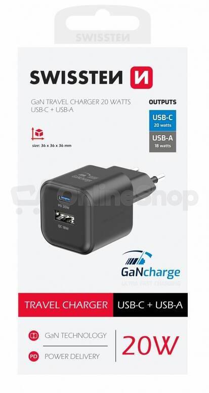 SWISSTEN SÍŤOVÝ ADAPTÉR GaN 1x USB-C 20W PD + 1x USB-A 18W QC ČERNÝ