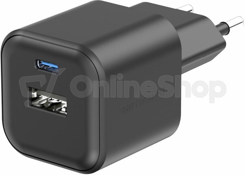 SWISSTEN SÍŤOVÝ ADAPTÉR GaN 1x USB-C 20W PD + 1x USB-A 18W QC ČERNÝ