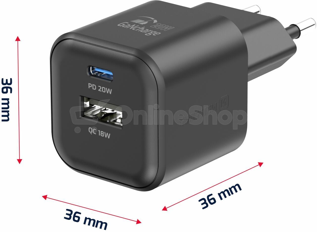 SWISSTEN SÍŤOVÝ ADAPTÉR GaN 1x USB-C 20W PD + 1x USB-A 18W QC ČERNÝ