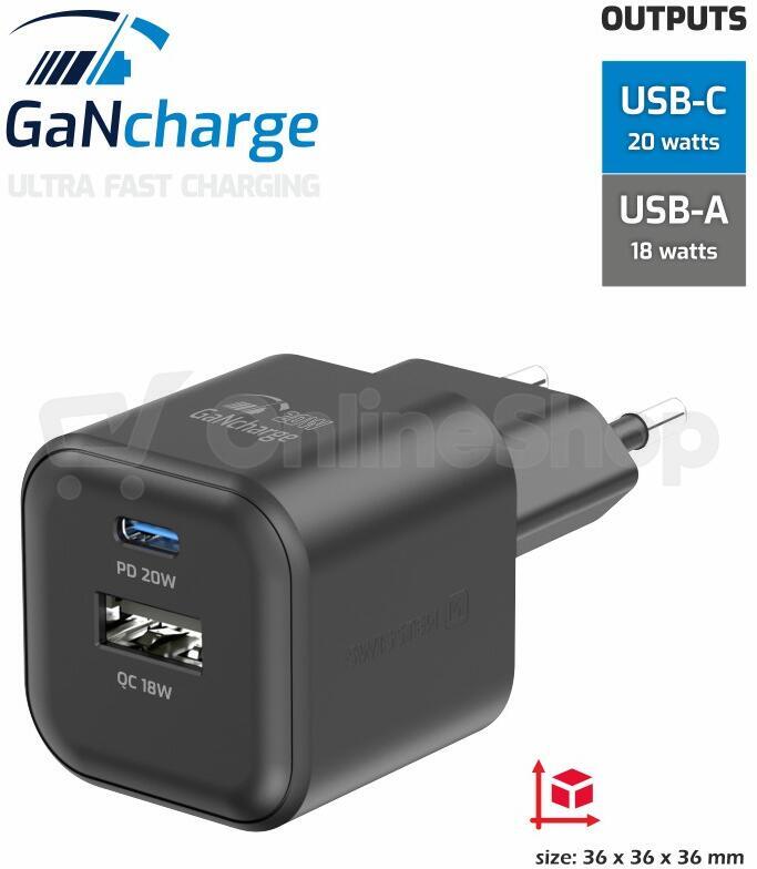 SWISSTEN SÍŤOVÝ ADAPTÉR GaN 1x USB-C 20W PD + 1x USB-A 18W QC ČERNÝ