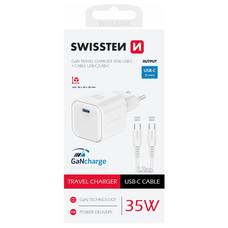 Sov adaptr Swissten GaN 1x USB-C 35W PD + Datov kabel USB-C/USB-C 1.2m, bl