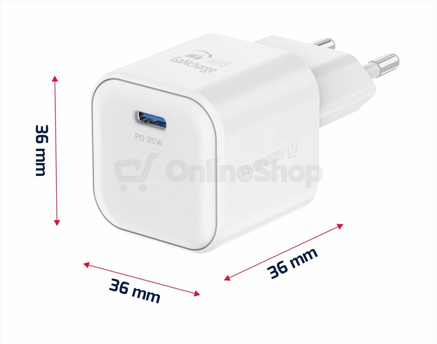 Síťový adaptér Swissten GaN 1x USB-C 35W PD + Datový kabel USB-C/USB-C 1.2m, bílý