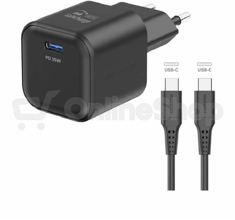 SWISSTEN SÍŤOVÝ ADAPTÉR GaN 1x USB-C 35W POWER DELIVERY ČERNÝ + DATOVÝ KABEL USB-C/USB-C 1,2 M ČERNÝ