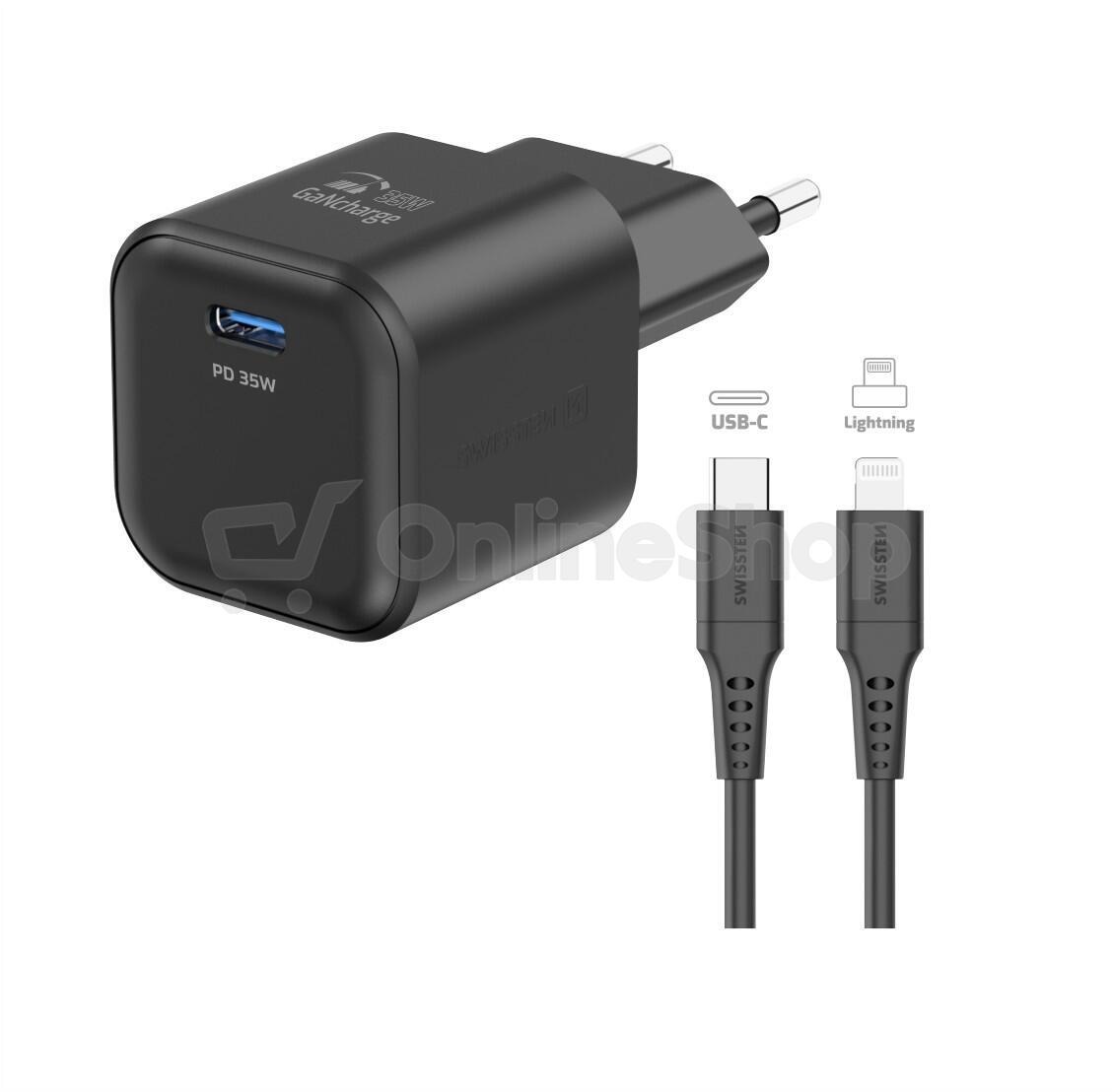 SWISSTEN SÍŤOVÝ ADAPTÉR GaN 1x USB-C 35W POWER DELIVERY ČERNÝ + DATOVÝ KABEL USB-C/LIGHTNING 1,2 M ČERNÝ