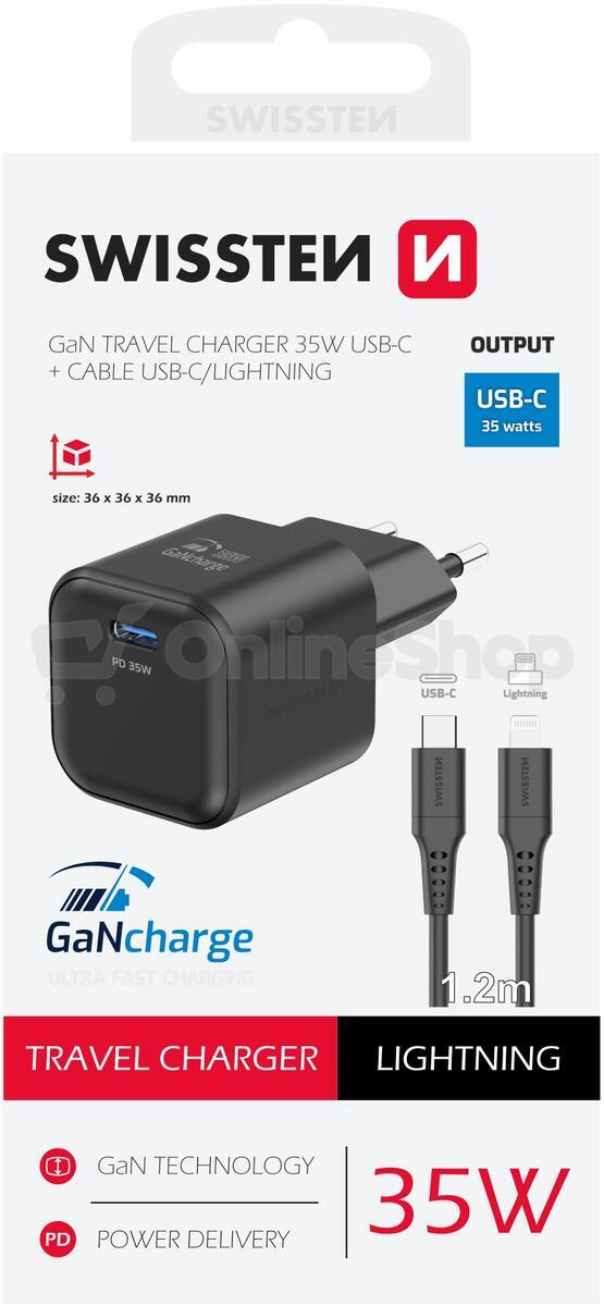 SWISSTEN SÍŤOVÝ ADAPTÉR GaN 1x USB-C 35W POWER DELIVERY ČERNÝ + DATOVÝ KABEL USB-C/LIGHTNING 1,2 M ČERNÝ