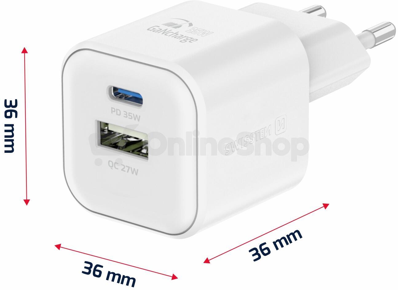 SWISSTEN SÍŤOVÝ ADAPTÉR GaN 1x USB-C 35W PD + 1x USB-A 27W QC BÍLÝ