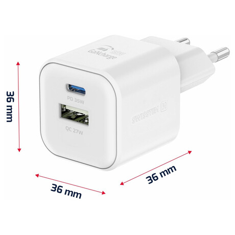 SWISSTEN S͍OV ADAPTR GaN 1x USB-C 35W PD + 1x USB-A 27W QC BL