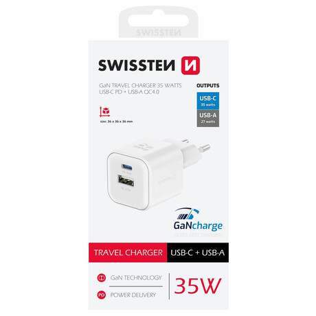 SWISSTEN S͍OV ADAPTR GaN 1x USB-C 35W PD + 1x USB-A 27W QC BL