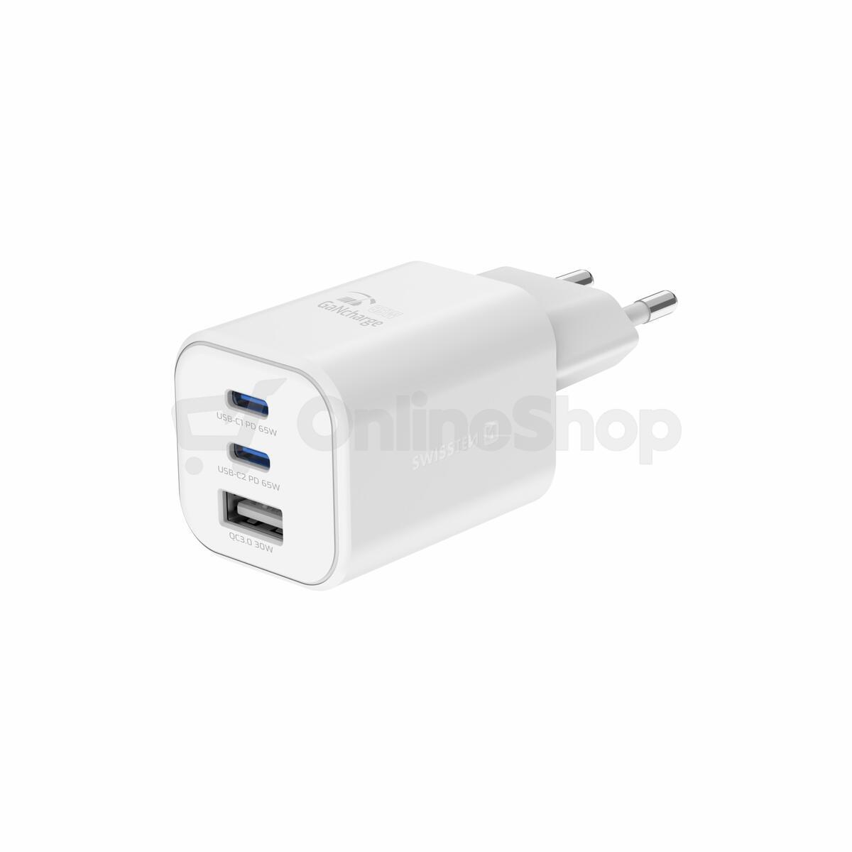 SWISSTEN SÍŤOVÝ ADAPTÉR GaN 2x USB-C 65W PD + 1x USB-A 30W QC BÍLÝ