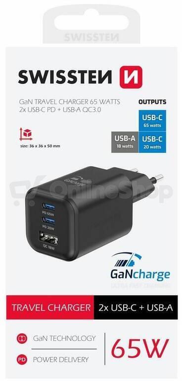 SWISSTEN SÍŤOVÝ ADAPTÉR GaN 2x USB-C 65W PD + 1x USB-A 30W QC ČERNÝ