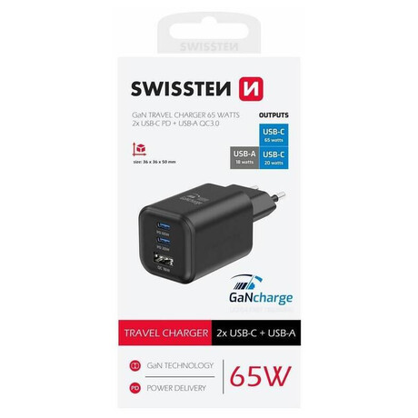 SWISSTEN SÍŤOVÝ ADAPTÉR GaN 2x USB-C 65W PD + 1x USB-A 30W QC ČERNÝ