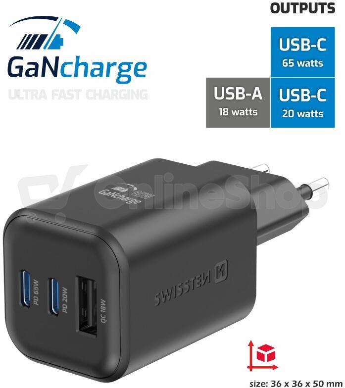 SWISSTEN SÍŤOVÝ ADAPTÉR GaN 2x USB-C 65W PD + 1x USB-A 30W QC ČERNÝ