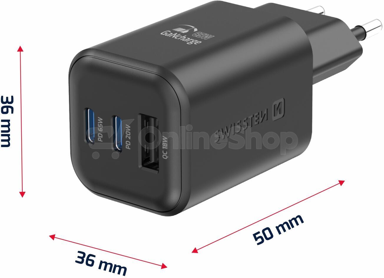 SWISSTEN SÍŤOVÝ ADAPTÉR GaN 2x USB-C 65W PD + 1x USB-A 30W QC ČERNÝ