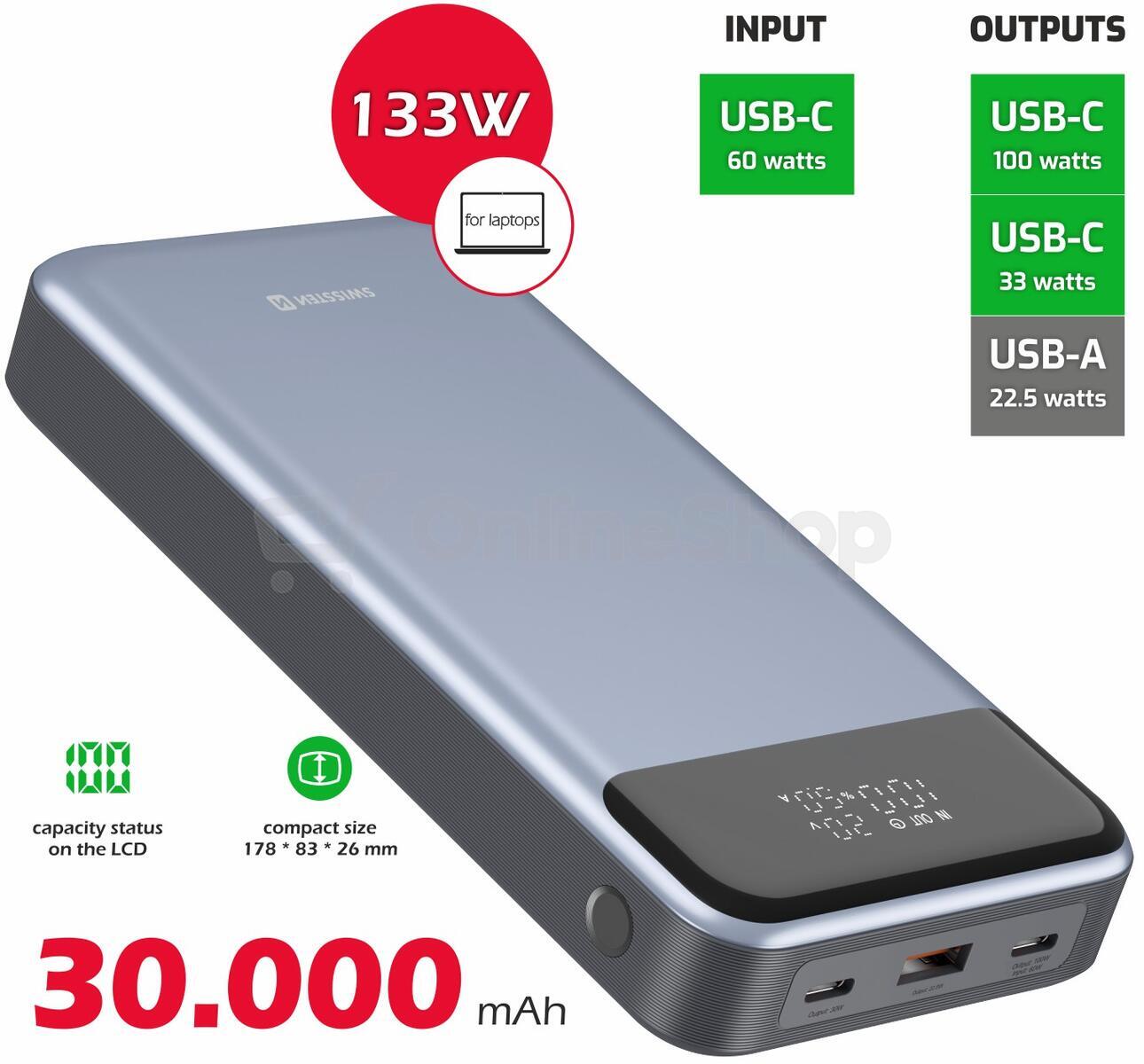 Powerbanka SWISSTEN 22013917 30000 mAh, šedá