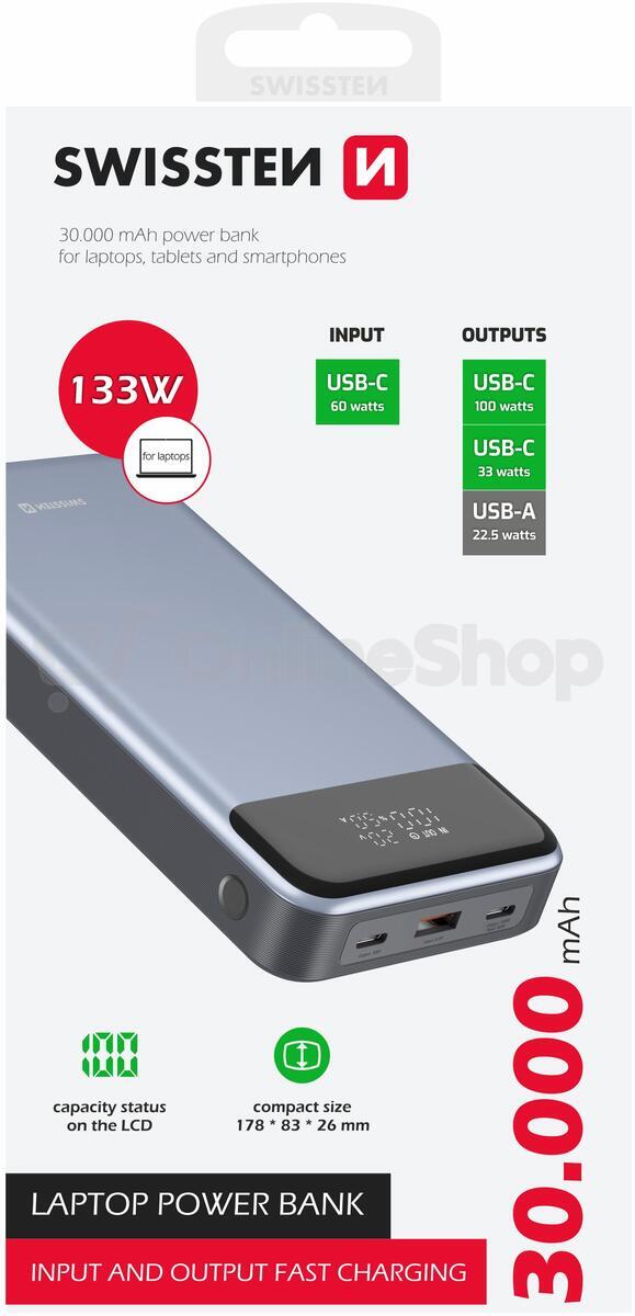Powerbanka SWISSTEN 22013917 30000 mAh, šedá