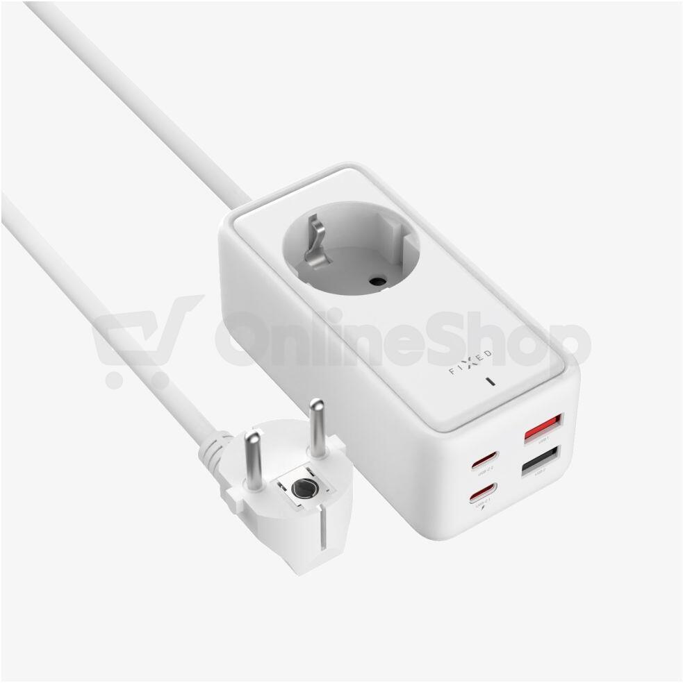 Síťový prodlužovací adaptér FIXED Charging Strip s 2x USB-C a 2x USB, GaN III, 3m, PD 65W, bílý