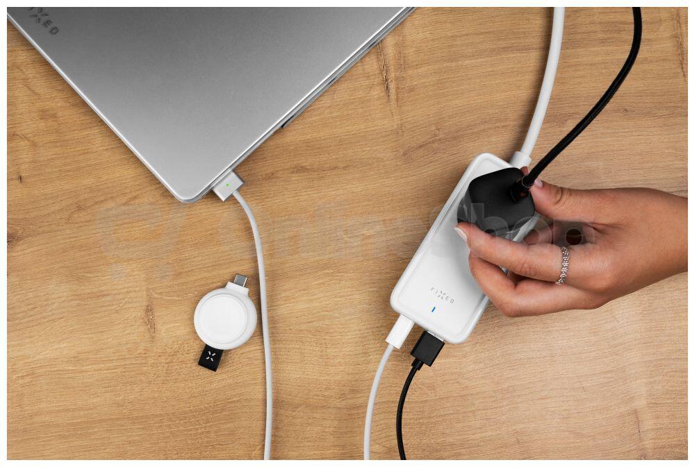 Síťový prodlužovací adaptér FIXED Charging Strip s 2x USB-C a 2x USB, GaN III, 3m, PD 65W, bílý