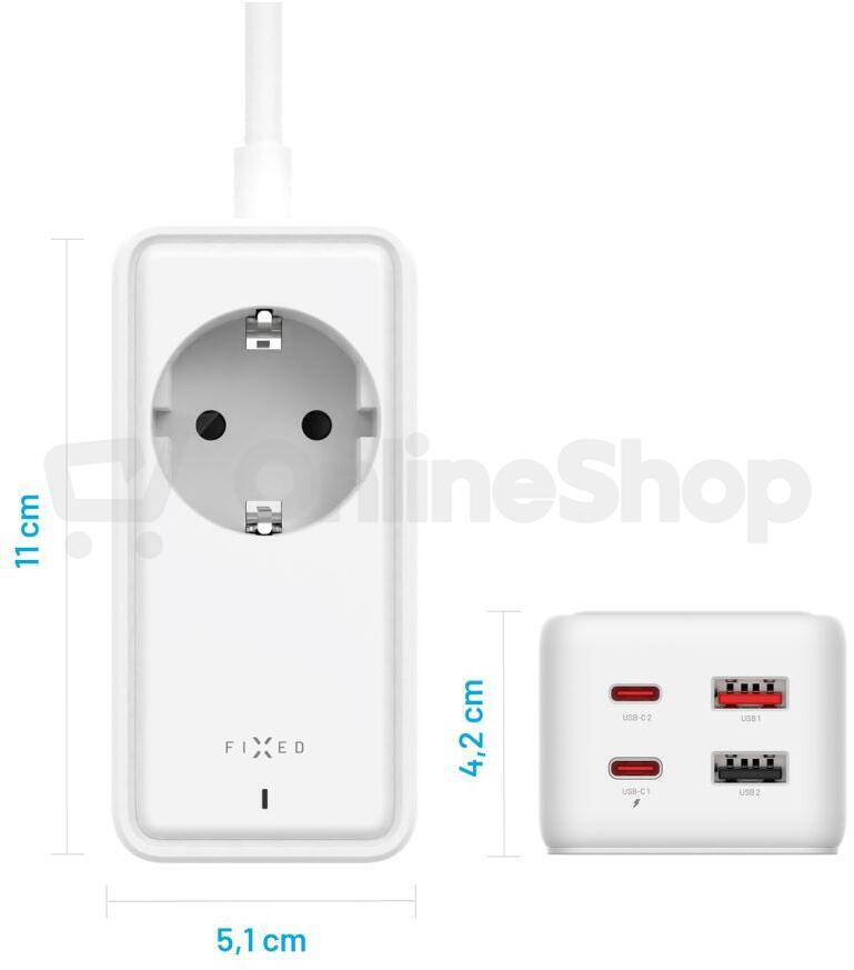 Síťový prodlužovací adaptér FIXED Charging Strip s 2x USB-C a 2x USB, GaN III, 3m, PD 65W, bílý