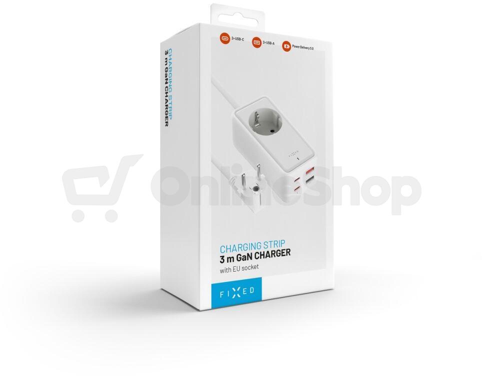 Síťový prodlužovací adaptér FIXED Charging Strip s 2x USB-C a 2x USB, GaN III, 3m, PD 65W, bílý