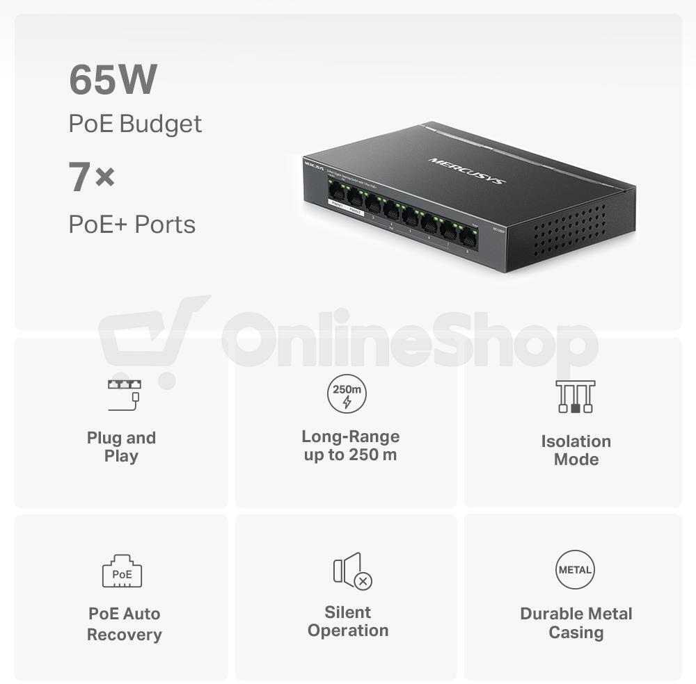 TP-Link Mercusys MS108GP Switch 8-Port, 7× Gigabit PoE+, 1× GLAN, 802.3af/at, 65 W
