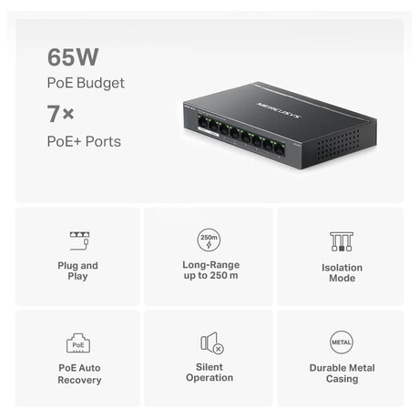 TP-Link Mercusys MS108GP Switch 8-Port, 7× Gigabit PoE+, 1× GLAN, 802.3af/at, 65 W